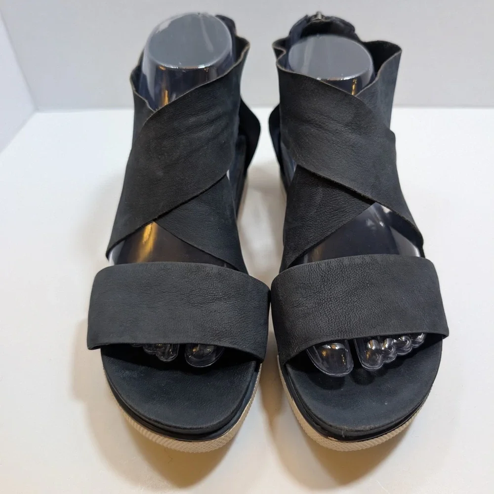 Eileen Fisher‎ Sport Platform Sandals Navy Nubuck Leather Cross Strap Back Zip 9